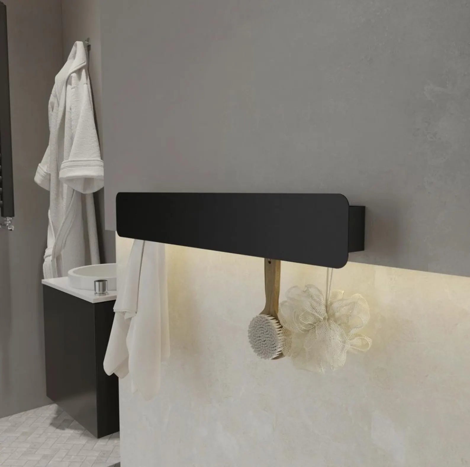 Perchero de pared minimalista negro con ganchos ocultos / Organizador de baño de acero inoxidable / Acabado mate moderno / Decoración de pared funcional